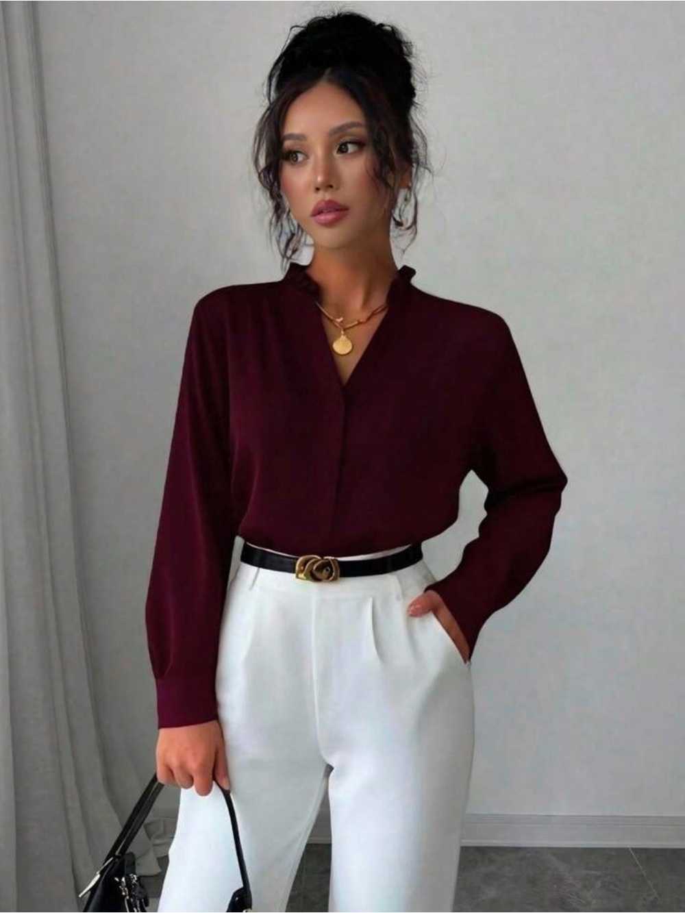 Women's Burgundy V-Neck Long Sleeve Blouse